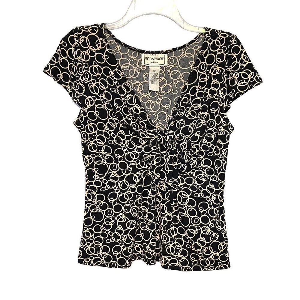 Karin Stevens Petites Black & White Short Sleeve V-Neck Blouse‎ Women's Size 10P